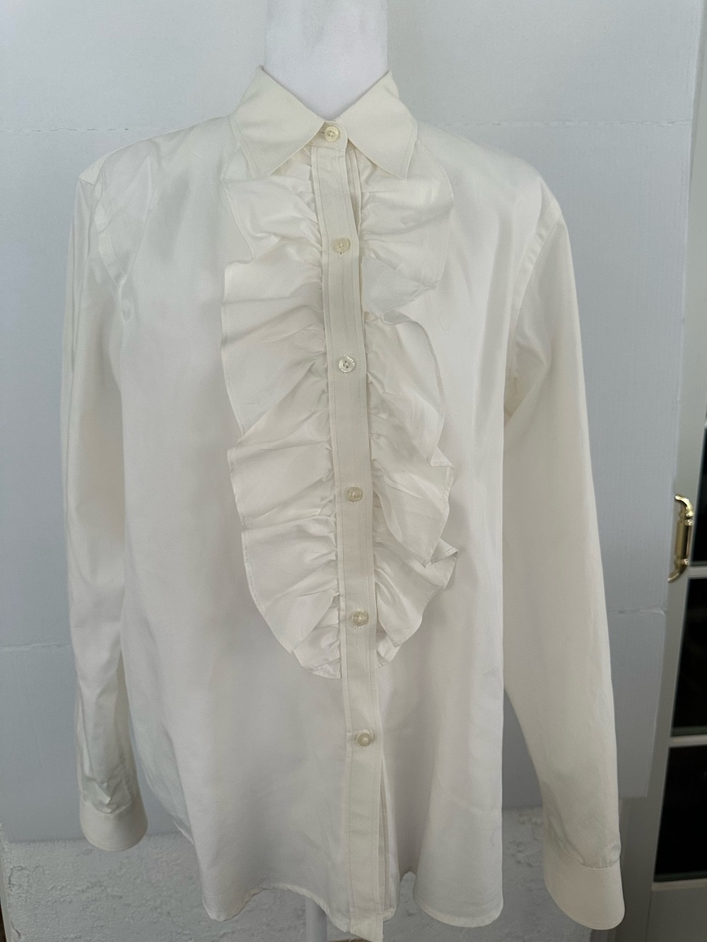 Chaps White Ruffle Front Blouse